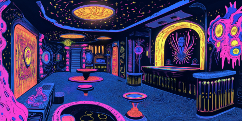 Colorful futuristic office break room with neon art