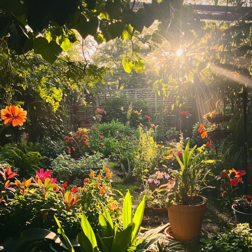 Colorful garden with thriving plants under warm sun. Colorful garden with thriving plants under warm sun.