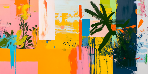 Colorful geometric art with plants and negative space