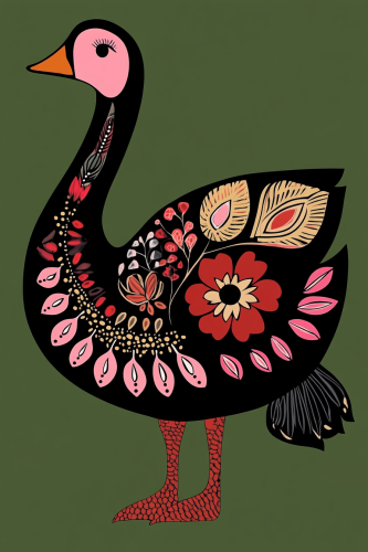 Colorful goose with flowers on green background