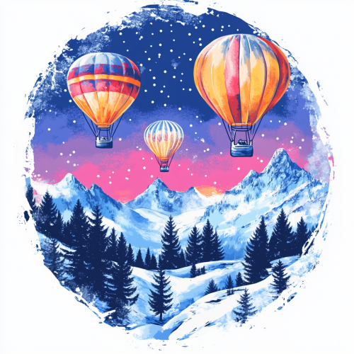 Colorful hot air balloons fly over snowy mountains
