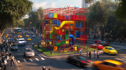 Colorful jungle gym amidst busy city traffic