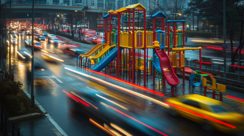 Colorful jungle gym in busy city street