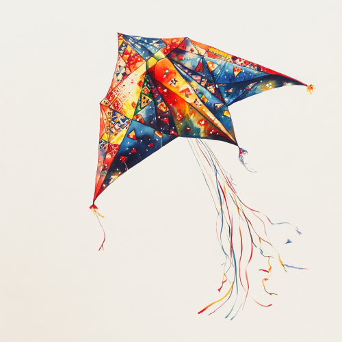 Colorful kite with geometric patterns floats gracefully