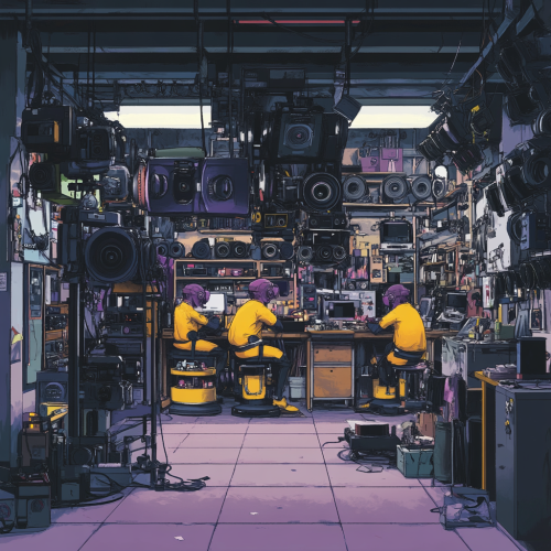 Colorful mechanic shop with anime theme