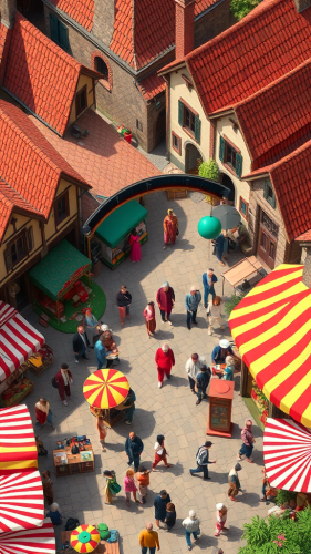 Colorful medieval village carnival in Pixar 3D style. Colorful medieval village carnival in Pixar 3D style.