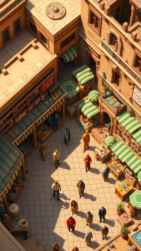 Colorful old Egyptian market with shops, people