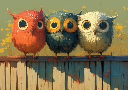 Colorful owls with big eyes on fence.