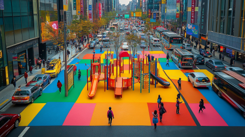 Colorful playground amidst Seoul's busy city street