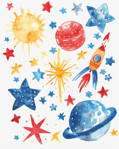 Colorful space nursery art with cute stars and planets