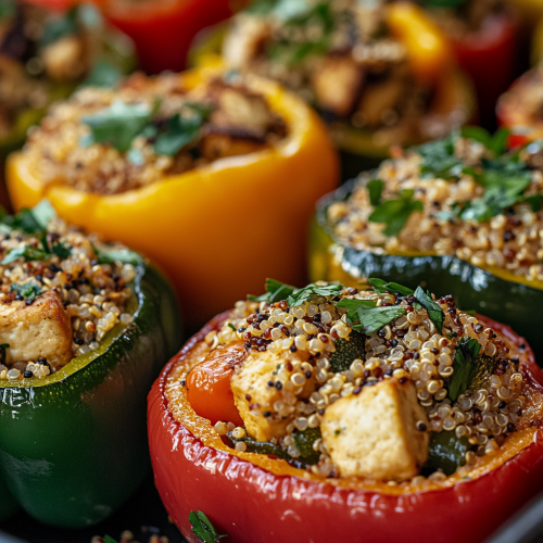 Colorful stuffed vegetables with quinoa, tofu, and herbs