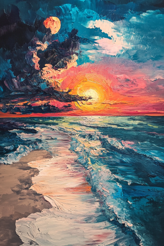 Colorful sunset beach with surreal water art