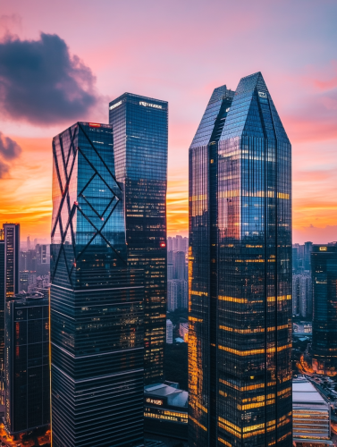 Colorful urban skyline: neon lights, bold shapes, energetic clouds.