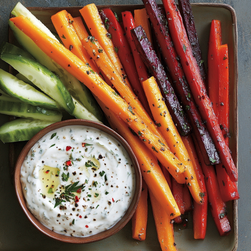Colorful veggie sticks and creamy yogurt dip display Colorful veggie sticks and creamy yogurt dip display