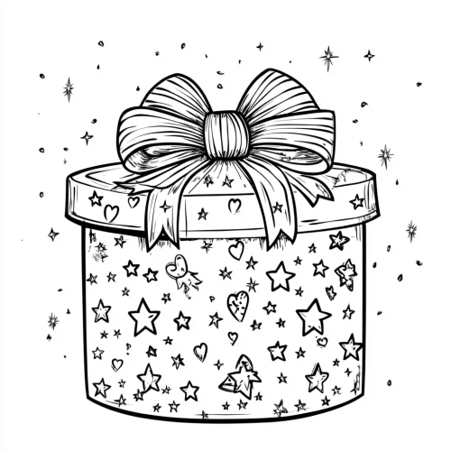 Coloring book: Christmas gift with stars and hearts.