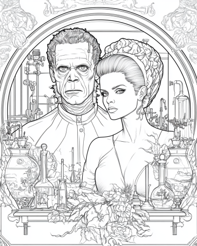 Coloring page image of classic Frankenstein couple in lab.