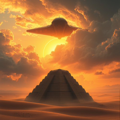 Colossal spaceship hovers above ancient desert ziggurat