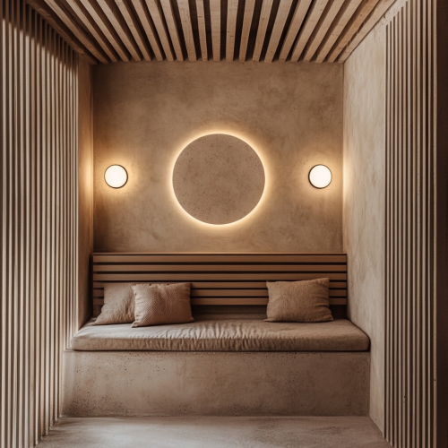 Comfortable room with bench, sign, and sconces