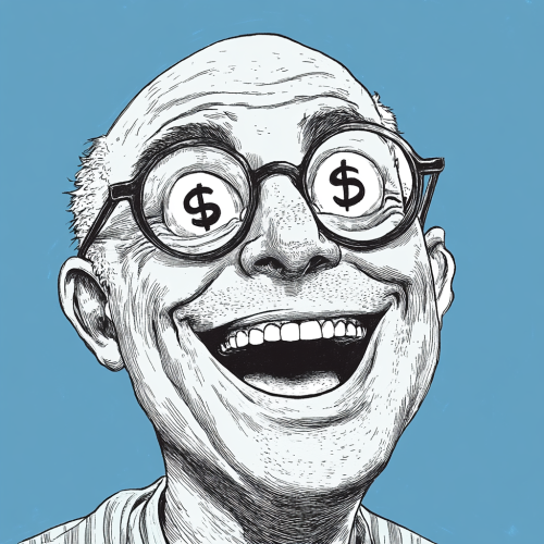 Comic man with glasses, laughing with dollar eyes.