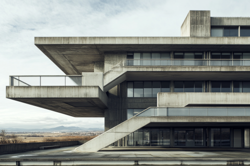 Concrete building with offices, store, garage, hotel, pool.