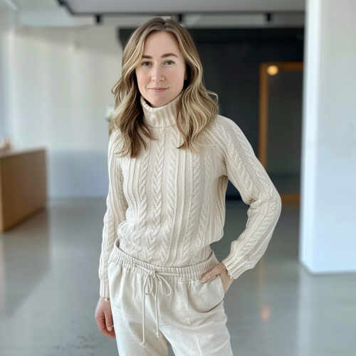 Confident 30-year-old German woman in stylish outfit