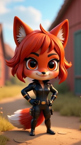 Confident Black Widow as sly red fox