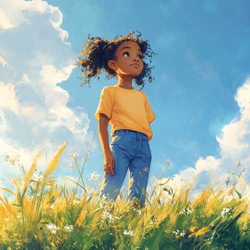 Confident Black child standing joyfully under blue sky Confident Black child standing joyfully under blue sky