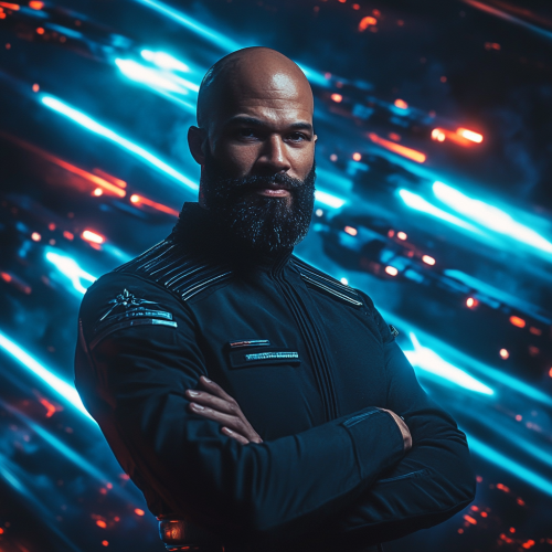 Confident Dominican man in military attire with futuristic fleet.