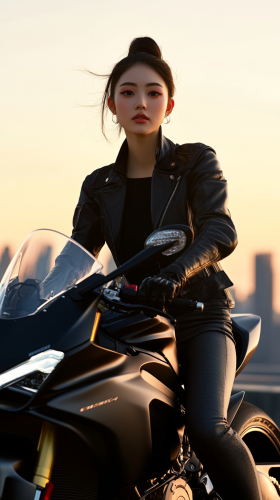 Confident Japanese Woman on Ducati in City Sunset