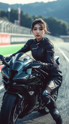 Confident Japanese girl on Kawasaki Ninja H2