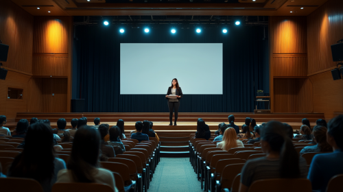 Confident Korean woman lecturing with exquisite presentation screen.