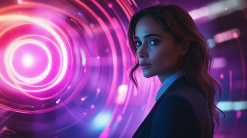 Confident Woman in High-Tech Cyberpunk Environment