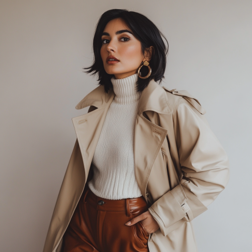 Confident Woman in Stylish Beige Outfit Poses Proudly