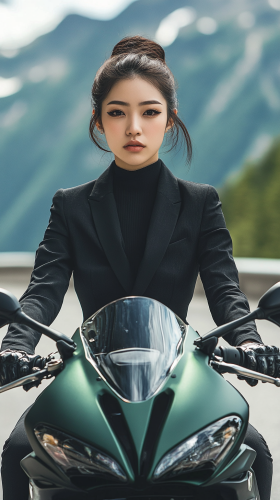 Confident Woman on Green Motorcycle in Mountain Landscape
