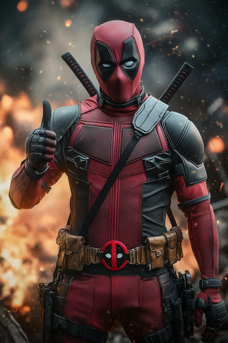 Confident anti-hero with weapons gives thumbs-up in chaos.