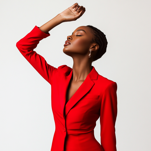 Confident black woman in sleek red suit posing