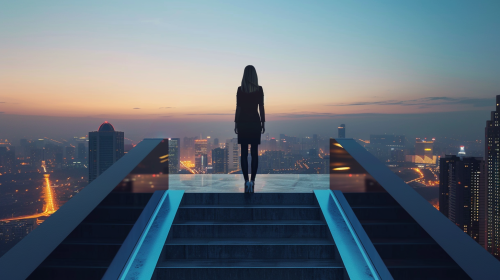 Confident businesswoman in sharp suit overlooking city lights.