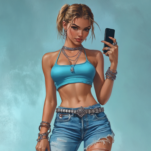 Confident girl in Y2K fashion holding phone pose.