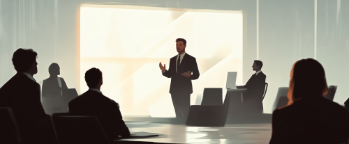 Confident leader speaking to attentive team in office.