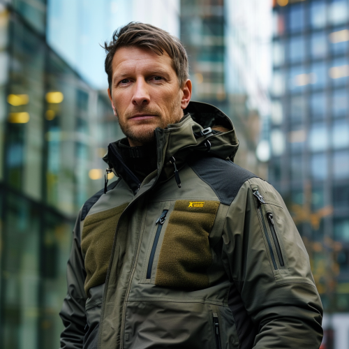 Confident man in green jacket in urban setting.