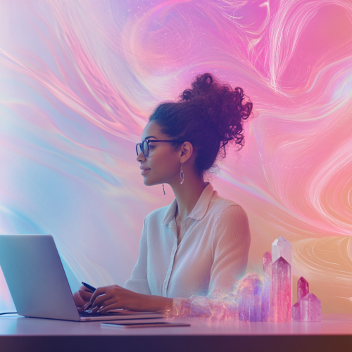 Confident woman entrepreneur at minimalist desk in flowing energy.
