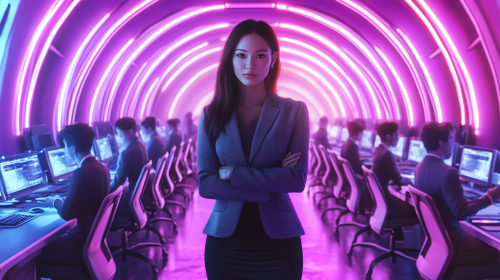 Confident woman leads high-tech office in cyberpunk style