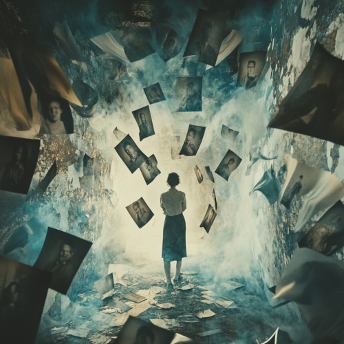 Confused figure in dim room with shattered memories.