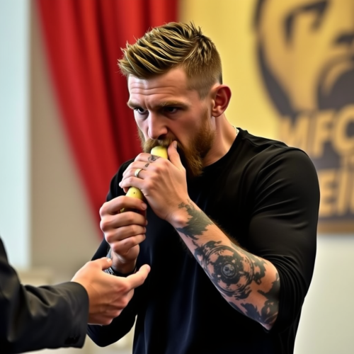 Conor McGregor Kneeling while Eating a Banana