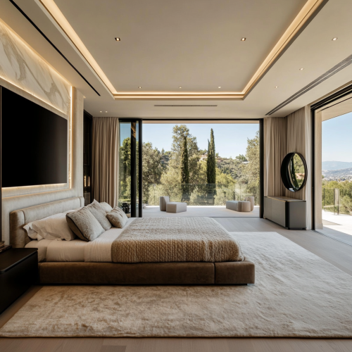 Contemporary Master Bedroom in Grand Spanish Villa