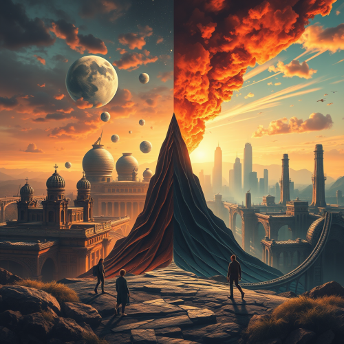 Contrasting Utopian and Dystopian Future Worlds Poster