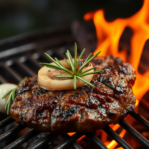 Cooking beef on charcoal grill with onion and rosemary.