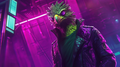 Cool Hawk-headed Groot in trendy clothes on techy background
