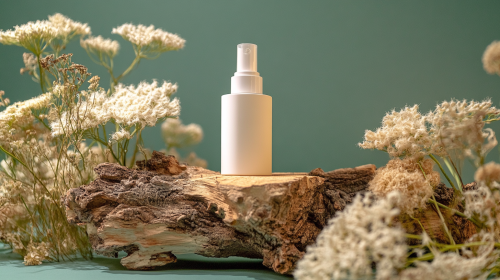 Cosmetic bottles and mushrooms on wooden backdrop