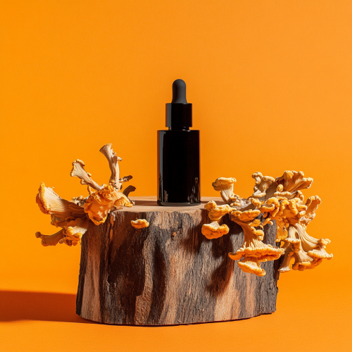 Cosmetic bottles rest on wood with fresh Cordyceps